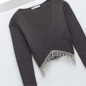 Sold 🎉Zara Gray V-Neck Sweater with Fringe Detail